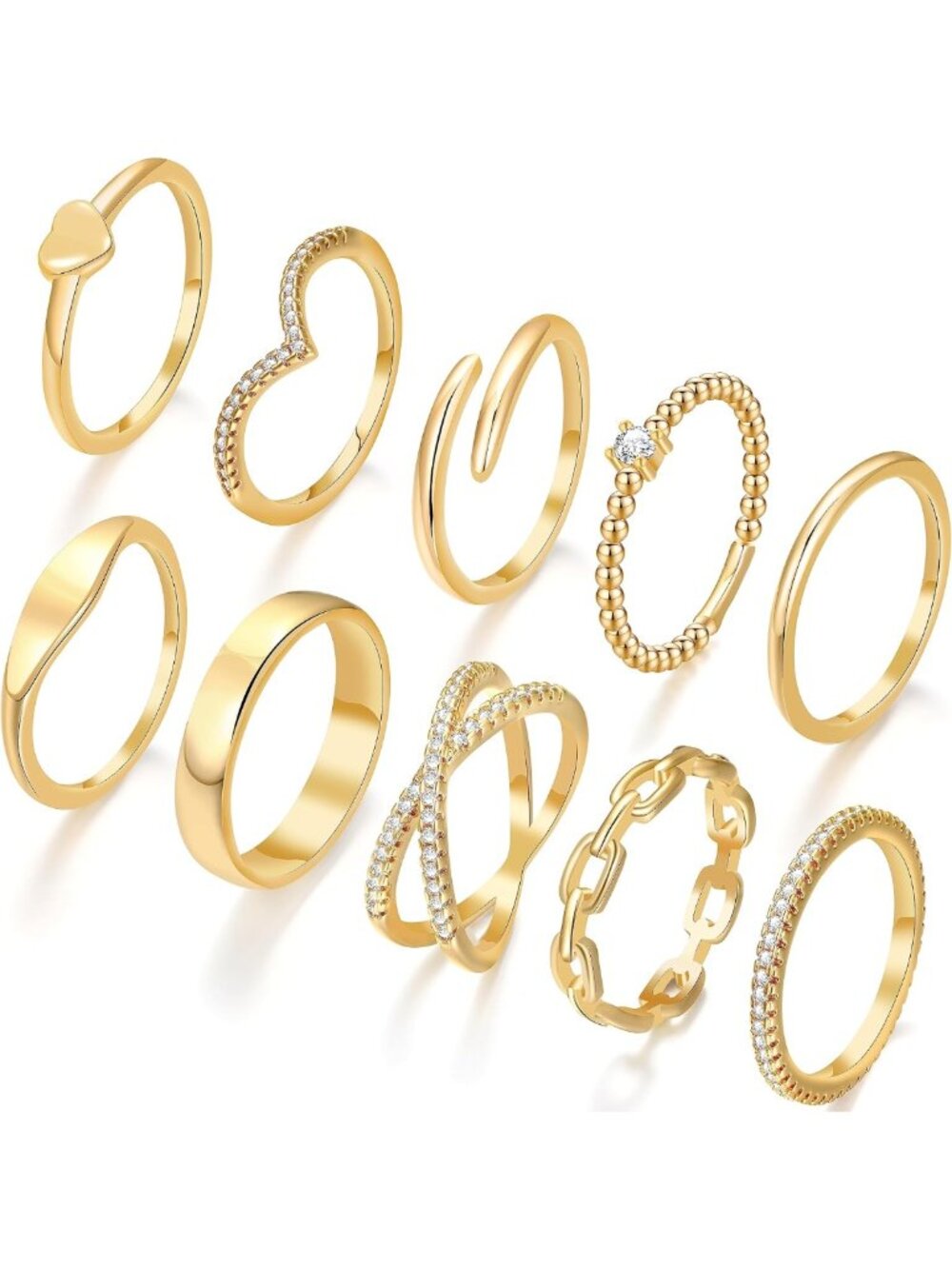 14K Gold Plated Stacking Rings Set for Women - 10 PCS Open Simulated Diamond